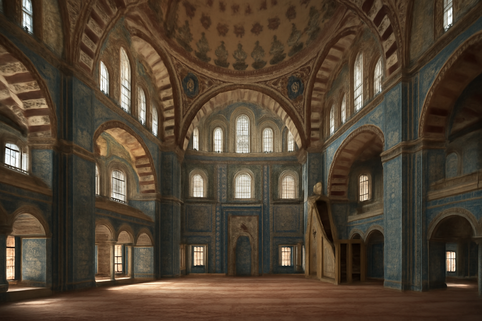 Interior masjid Ottoman dengan kubah besar dan ubin Iznik biru