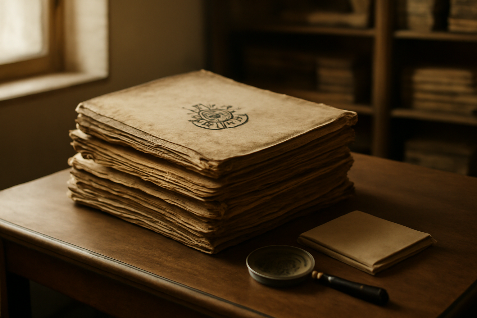 Tumpukan register arsip Ottoman di atas meja baca kayu dengan kaca pembesar dan buku catatan