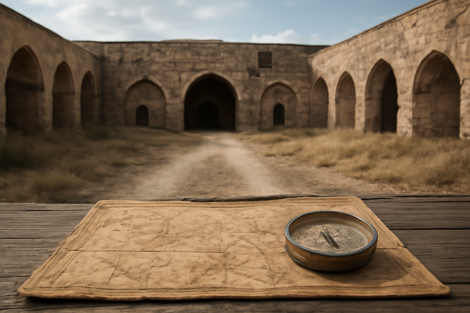 Caravanserai Ottoman di jalur perdagangan kuno dengan peta dan kompas di meja kayu