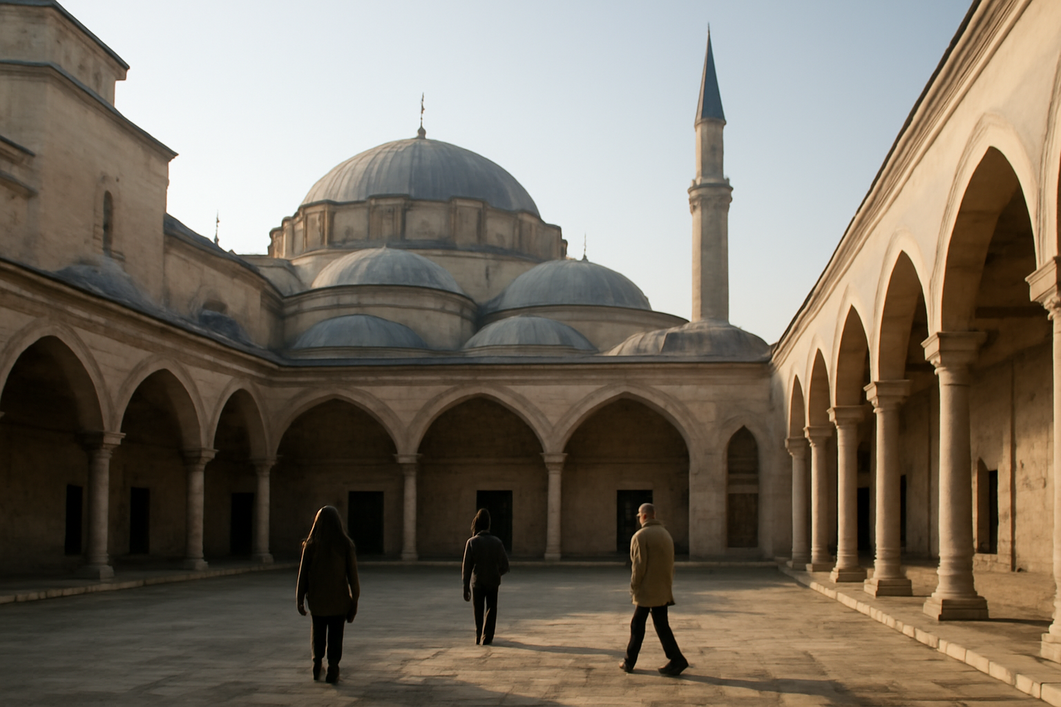 Halaman masjid bersejarah peninggalan Ottoman dengan kubah dan menara
