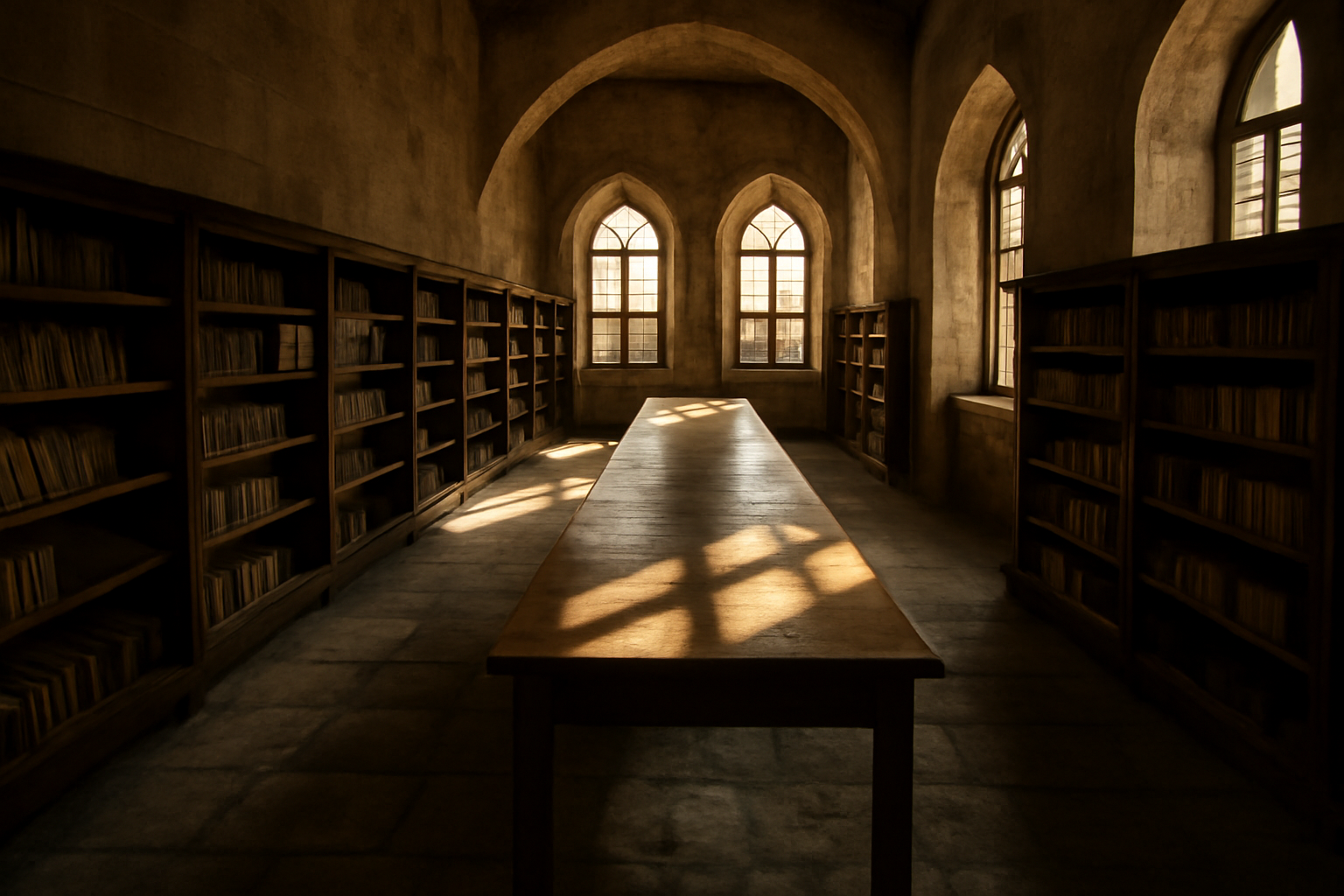 Ruang baca perpustakaan era Ottoman dengan rak manuskrip dan meja baca kayu panjang