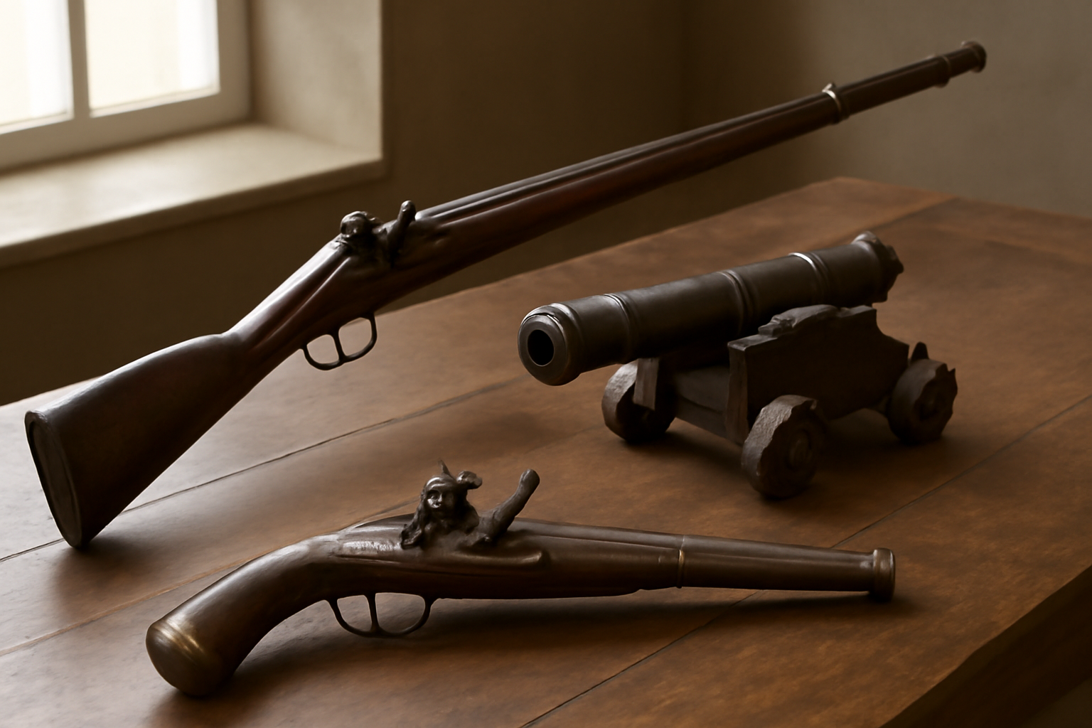 Tiga jenis senjata api Ottoman: senapan matchlock, meriam, dan pistol kavaleri